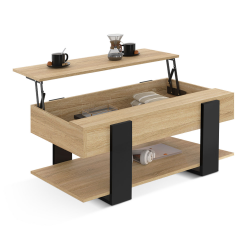 16712 - Table basse rectangulaire bois et noir avec plateau relevable et étagère inférieure Table basse plateau relevable intégral rectangulaire PHOENIX et étagère inférieure bois et noir