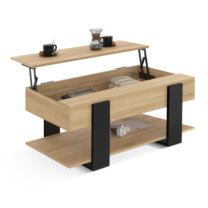 Table basse plateau relevable intégral rectangulaire PHOENIX et étagère inférieure bois et noir