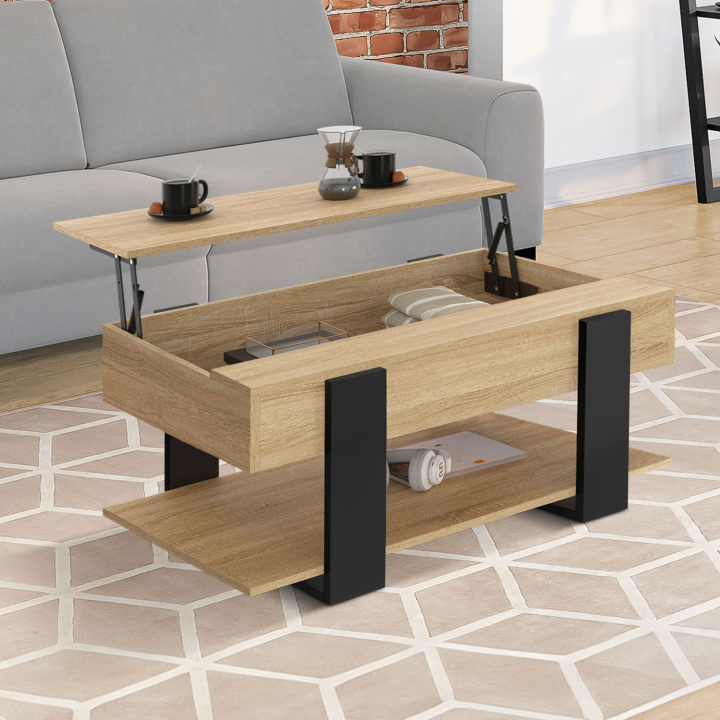Table basse plateau relevable intégral rectangulaire PHOENIX et étagère inférieure bois et noir Table basse plateau relevable intégral rectangulaire PHOENIX et étagère inférieure bois et noir