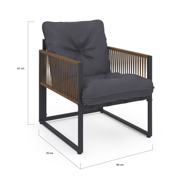 Salon de jardin RIO table et 2 fauteuils en métal gris, cordage rotin foncé et coussins gris