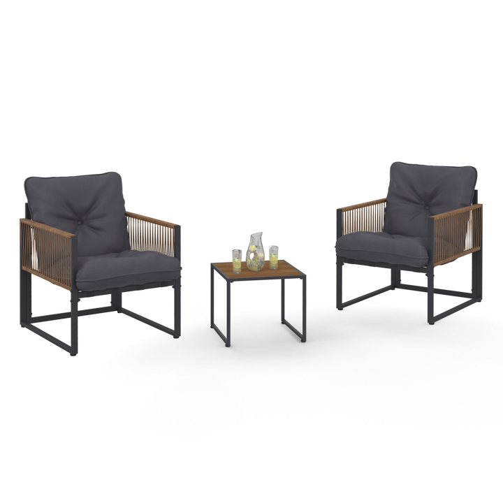 Salon de jardin RIO table et 2 fauteuils en métal gris, cordage rotin foncé et coussins gris