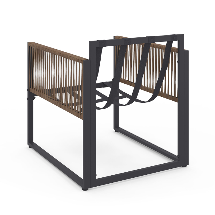 Salon de jardin bas RIO table et 2 fauteuils en métal gris, cordage effet rotin foncé et coussins gris