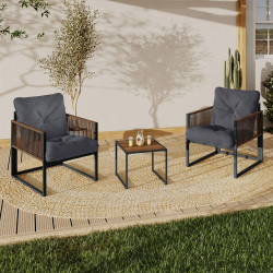 Salon de jardin RIO table et 2 fauteuils en métal gris, cordage rotin foncé et coussins gris