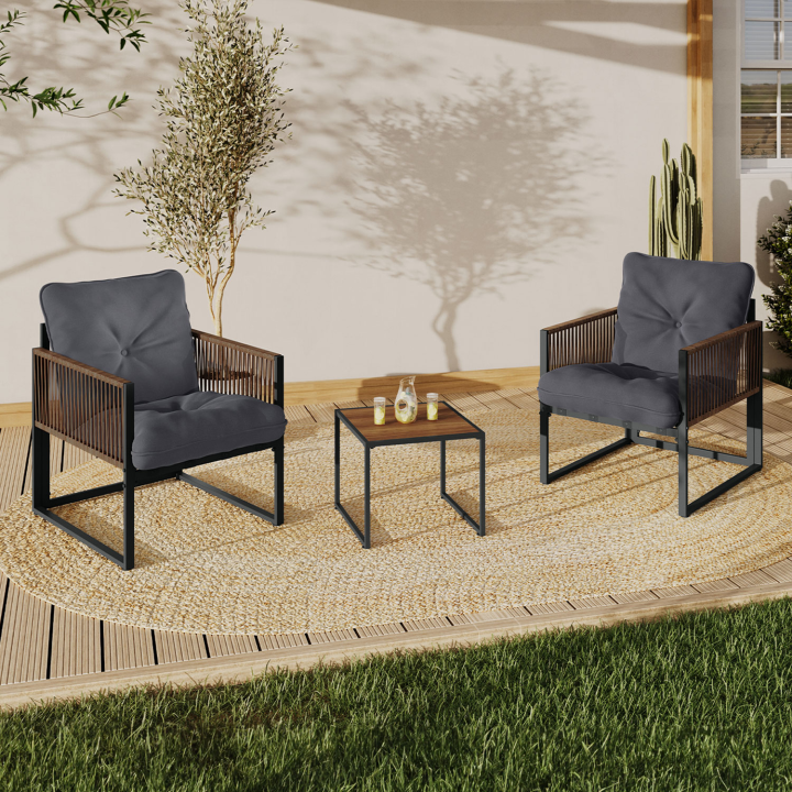Salon de jardin RIO table et 2 fauteuils en métal gris, cordage rotin foncé et coussins gris