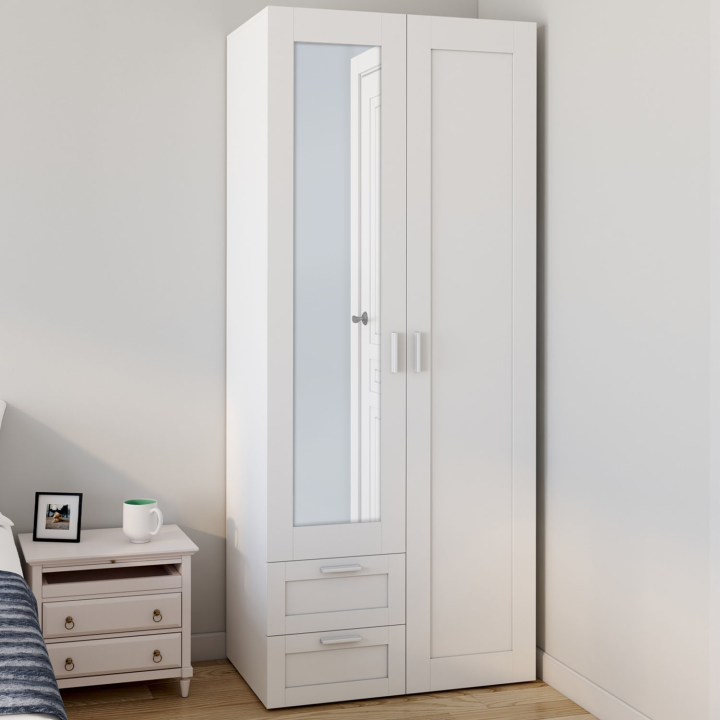 Armoire 2 portes VITO blanc penderie 80 cm avec 2 tiroirs, miroir et étagères Armoire 2 portes VITO blanc penderie 80 cm avec 2 tiroirs, miroir et étagères