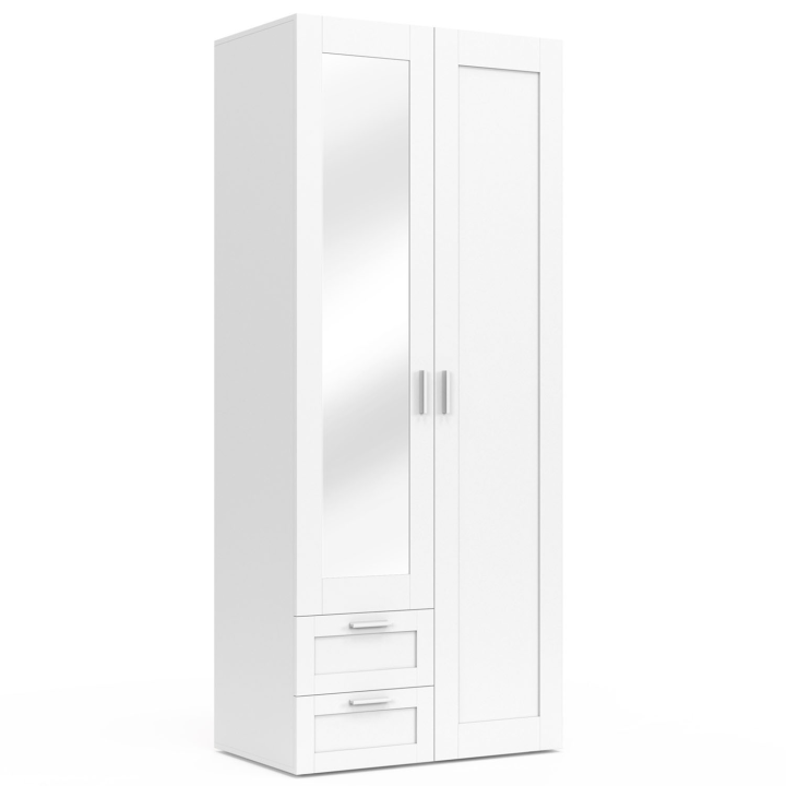 Armoire 2 portes VITO blanc penderie 80 cm avec 2 tiroirs, miroir et étagères Armoire 2 portes VITO blanc penderie 80 cm avec 2 tiroirs, miroir et étagères