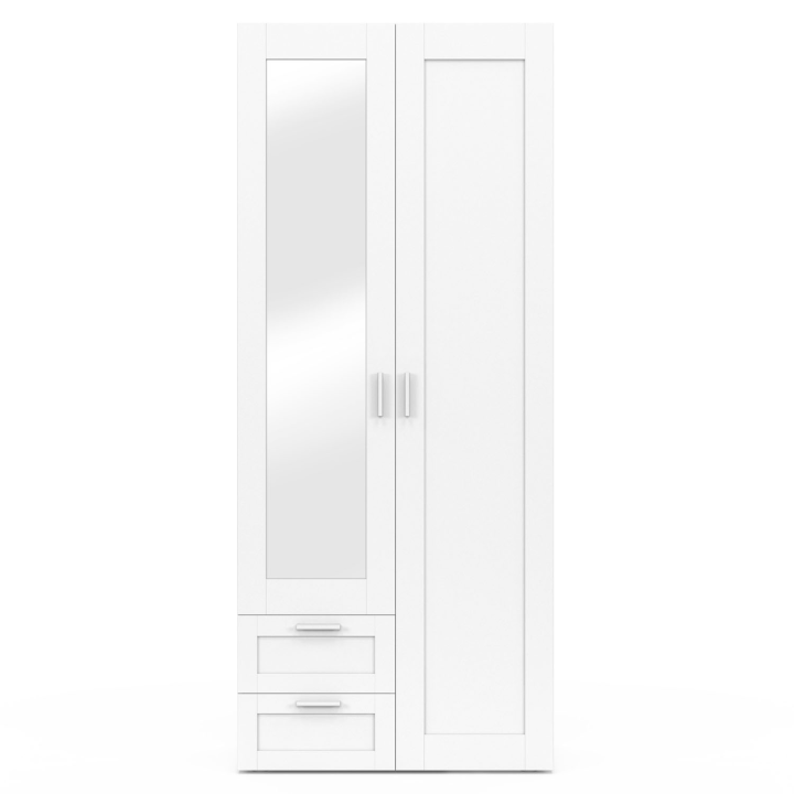 Armoire 2 portes VITO blanc penderie 80 cm avec 2 tiroirs, miroir et étagères Armoire 2 portes VITO blanc penderie 80 cm avec 2 tiroirs, miroir et étagères