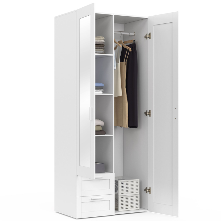 Armoire 2 portes VITO blanc penderie 80 cm avec 2 tiroirs, miroir et étagères Armoire 2 portes VITO blanc penderie 80 cm avec 2 tiroirs, miroir et étagères