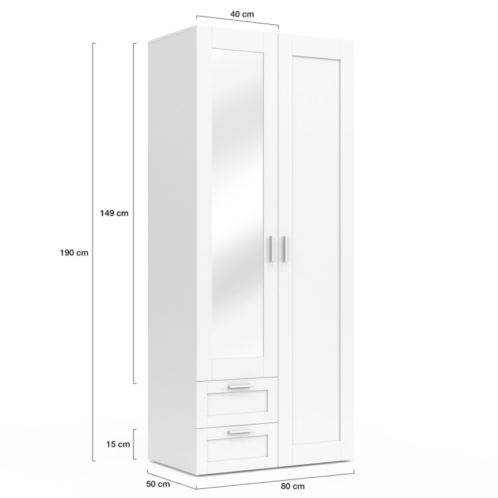 Armoire 2 portes VITO blanc penderie 80 cm avec 2 tiroirs, miroir et étagères Armoire 2 portes VITO blanc penderie 80 cm avec 2 tiroirs, miroir et étagères
