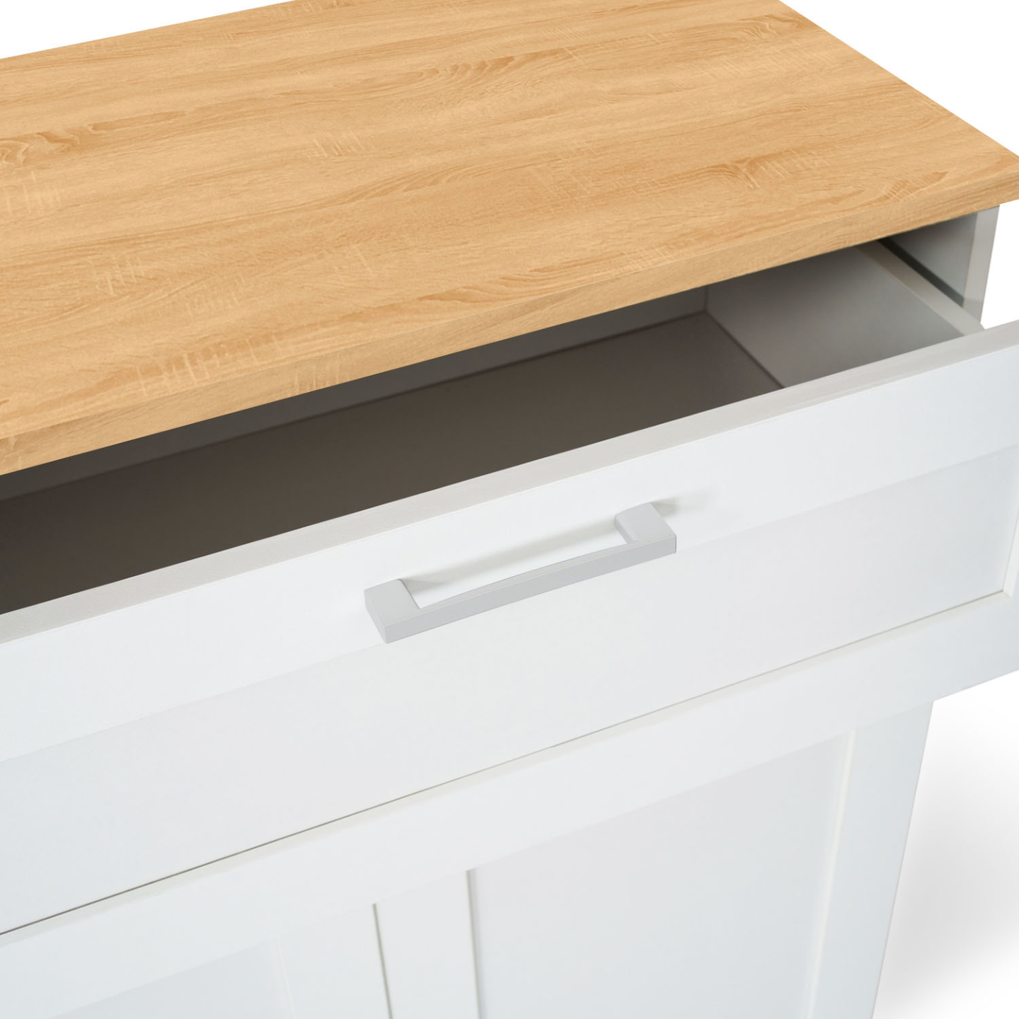 Aparador de cocina acristalado de 120 cm con 5 puertas + 1 cajón blanco y encimera efecto haya