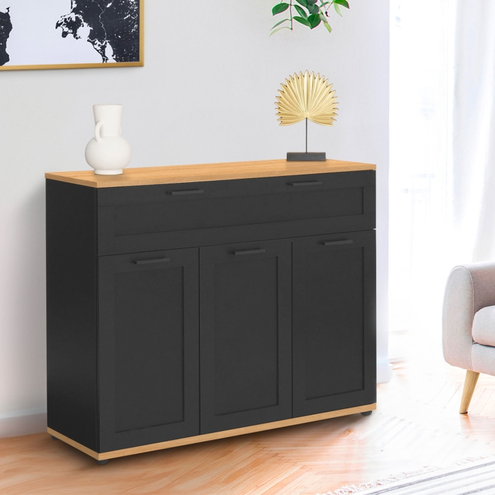 Aparador negro y madera con 3 puertas y 1 cajón - VITO | ID Market Aparador negro y madera con 3 puertas y 1 cajón - VITO | ID Market