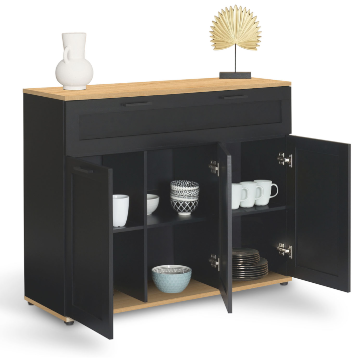 Buffet 100 cm VITO 3 portes et 1 tiroir noir et plateau bois Buffet 100 cm VITO 3 portes et 1 tiroir noir et plateau bois