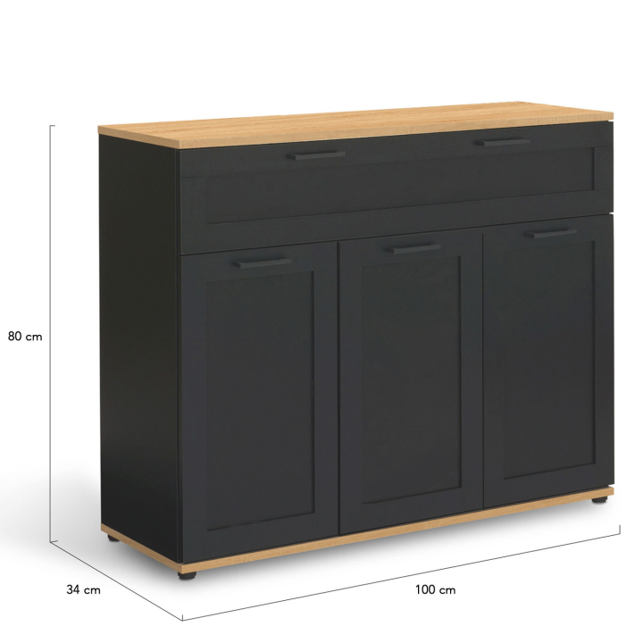 Buffet 100 cm VITO 3 portes et 1 tiroir noir et plateau bois Buffet 100 cm VITO 3 portes et 1 tiroir noir et plateau bois