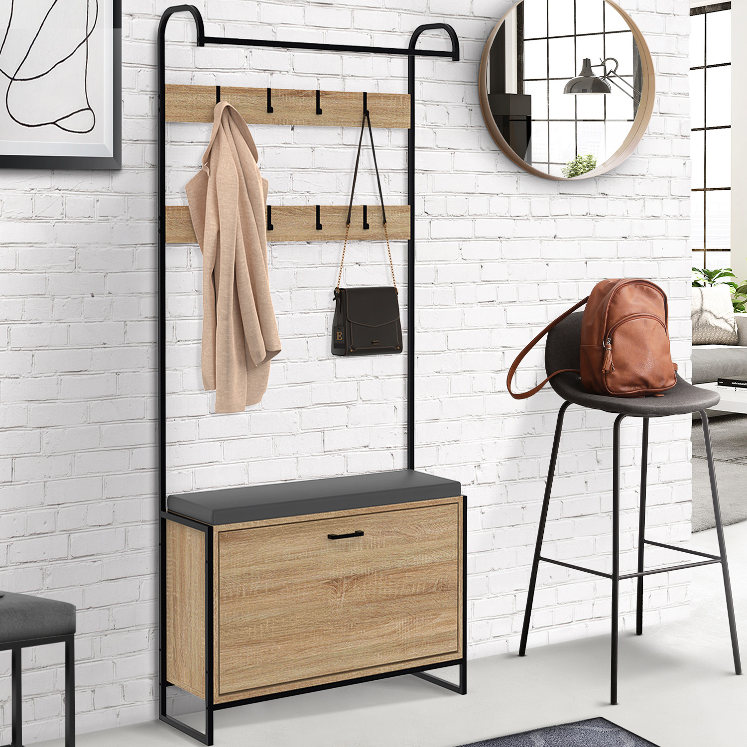 Vestiaire d'entrée avec banc et meuble à chaussures style industriel