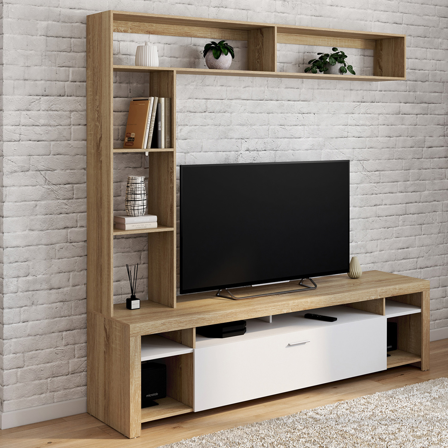 Ensemble meuble télé 170 cm avec étagères bois et placard blanc