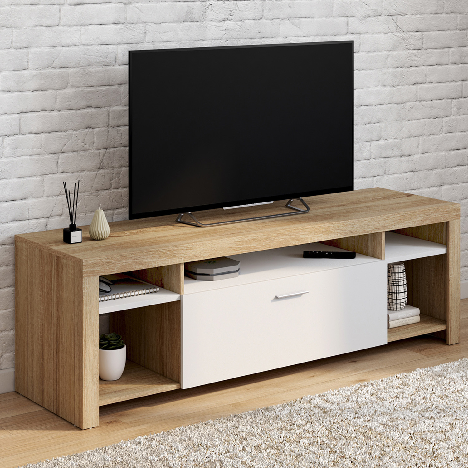 Meuble télé 140 cm bois et placard blanc