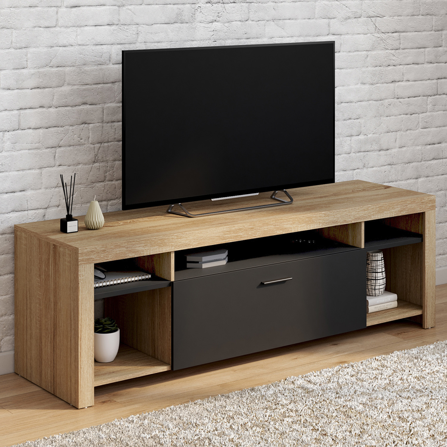 Meuble télé 140 cm bois et placard noir