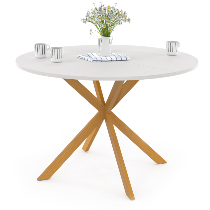 Table à manger ronde GISELE 4-6 personnes pied araignée bois plateau blanc 110 cm Table à manger ronde GISELE 4-6 personnes pied araignée bois plateau blanc 110 cm