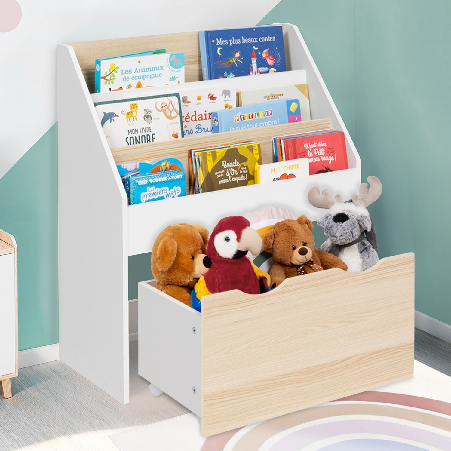 Meuble bibliothèque pour enfant blanc et hêtre avec 3 étagères et 1 bac