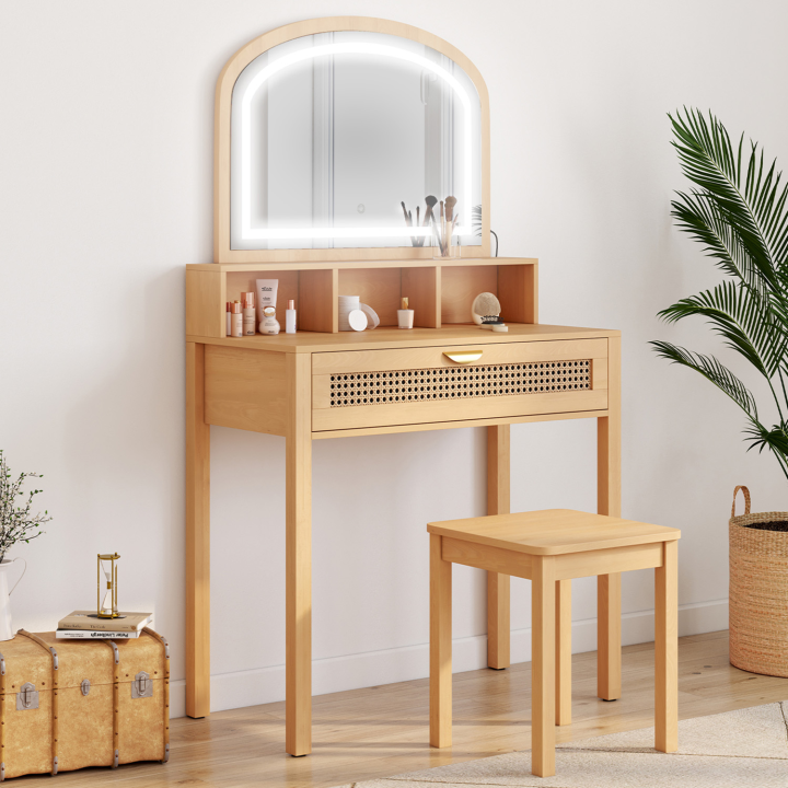 Coiffeuse EDHEN avec miroir LED, 1 tiroir, 3 niches et tabouret cannage et bois Coiffeuse EDHEN avec miroir LED, 1 tiroir, 3 niches et tabouret cannage et bois
