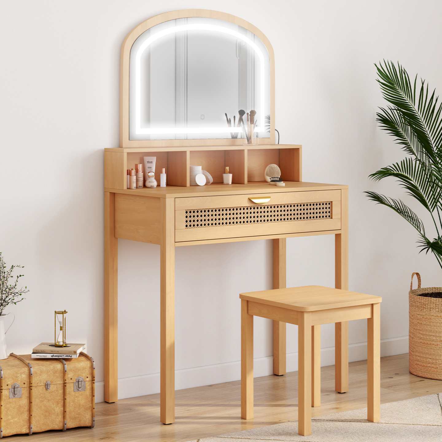 Coiffeuse Avec Miroir LED Bois Et Cannage Tabouret EDHEN IdMarket Coiffeuse Avec Miroir LED Bois Et Cannage Tabouret EDHEN IdMarket