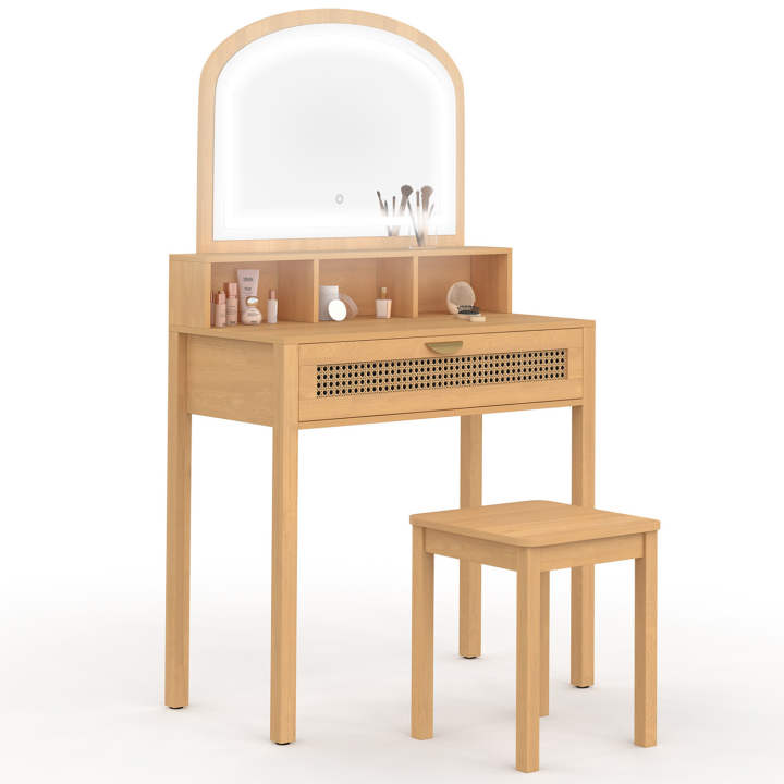 Coiffeuse EDHEN avec miroir LED, 1 tiroir, 3 niches et tabouret cannage et bois Coiffeuse EDHEN avec miroir LED, 1 tiroir, 3 niches et tabouret cannage et bois