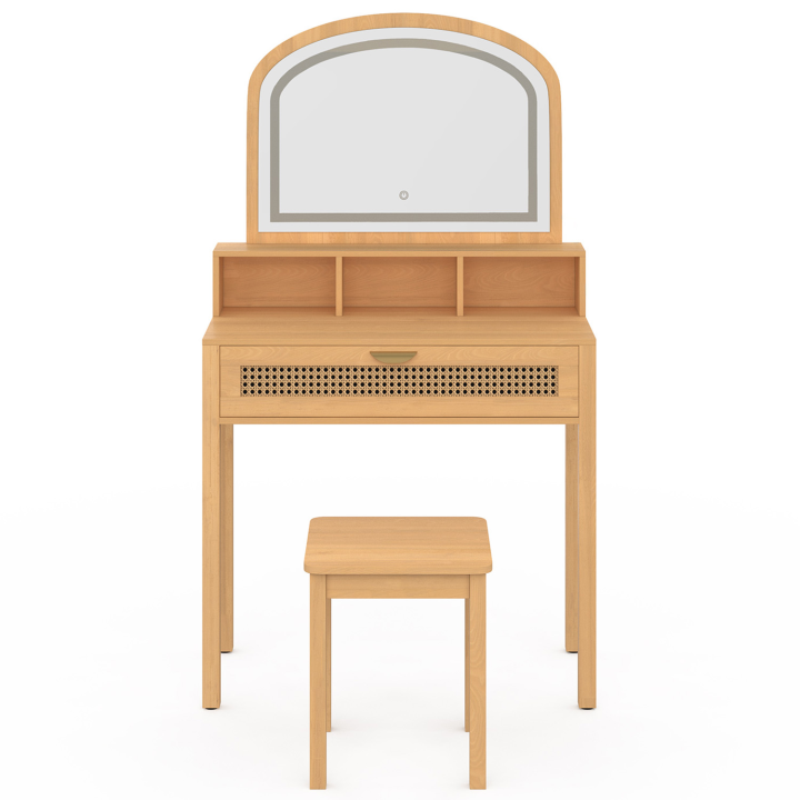 Coiffeuse EDHEN avec miroir LED, 1 tiroir, 3 niches et tabouret cannage et bois Coiffeuse EDHEN avec miroir LED, 1 tiroir, 3 niches et tabouret cannage et bois
