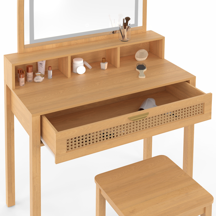Coiffeuse EDHEN avec miroir LED, 1 tiroir, 3 niches et tabouret cannage et bois Coiffeuse EDHEN avec miroir LED, 1 tiroir, 3 niches et tabouret cannage et bois