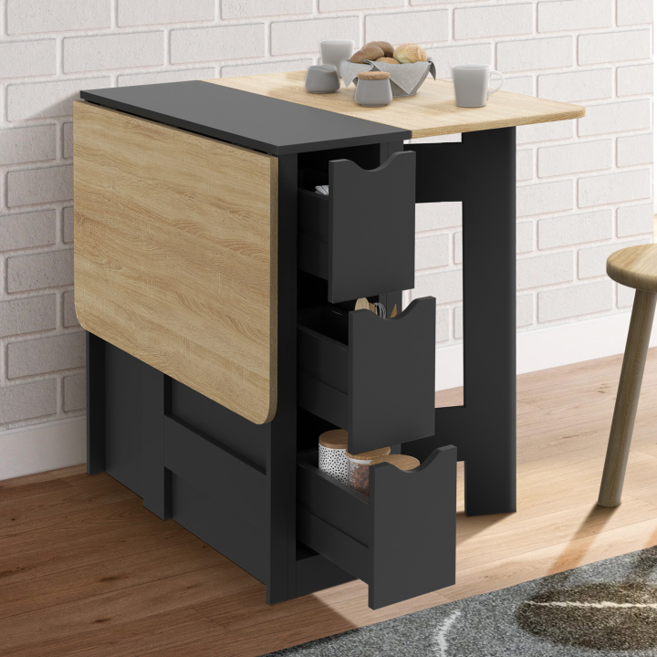 Table console pliable EDI 2-4 personnes avec 3 tiroirs noirs plateau façon hêtre 103 x 76 cm Table console pliable EDI 2-4 personnes avec 3 tiroirs noirs plateau façon hêtre 103 x 76 cm