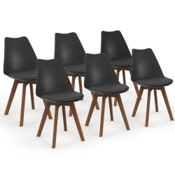14236 - Lot de 6 chaises scandinaves noires avec coussin Lot de 6 chaises scandinaves SARA noires pieds foncés pour salle à manger