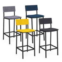 16622 - Set di 4 sgabelli da bar in velluto e metallo in mix di colori: blu, grigio e giallo Lot de 4 tabourets de bar AUBIN avec dossier chaise de cuisine velours mix color bleu, gris clair, gris foncé, jaune