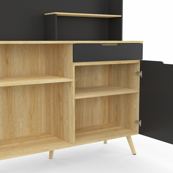 Buffet bas de cuisine 120 CM OLAF plan de travail H.83 cm 1 porte + 1 tiroir hêtre et noir