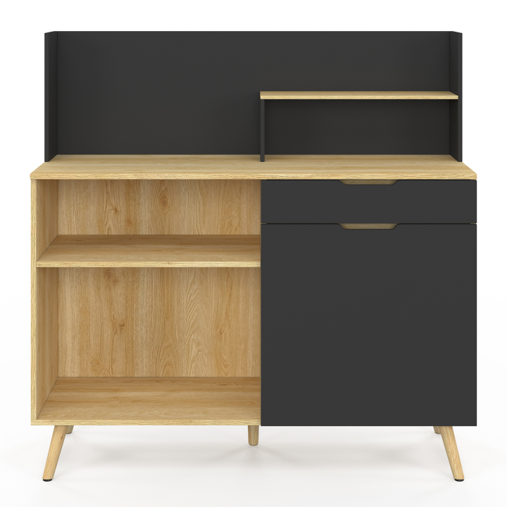 Buffet bas de cuisine 120 CM OLAF plan de travail H.83 cm 1 porte + 1 tiroir hêtre et noir