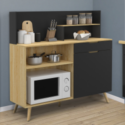 16705 - Credenza da cucina in faggio e nero Buffet bas de cuisine 120 CM OLAF plan de travail H.83 cm 1 porte + 1 tiroir hêtre et noir