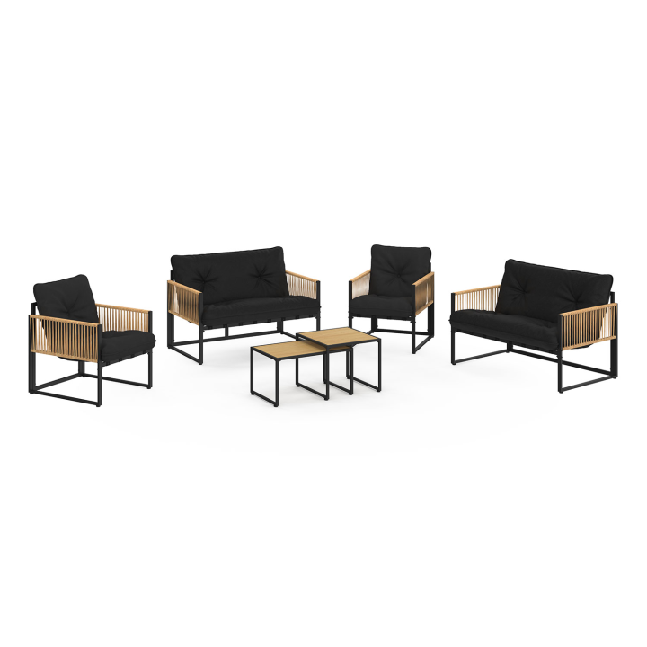 Salon de jardin bas RIO 6 places structure métal noir, cordage rotin clair et coussins noir Salon de jardin bas RIO 6 places structure métal noir, cordage rotin clair et coussins noir