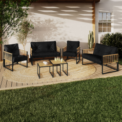 Salon de jardin bas RIO 6 places structure métal noir, cordage rotin clair et coussins noir