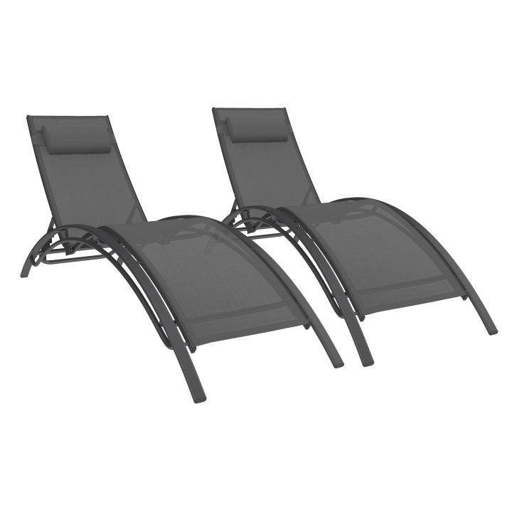 Lot de 2 transats de jardin inclinables en acier HAVANE gris anthracite et toile grise avec coussin