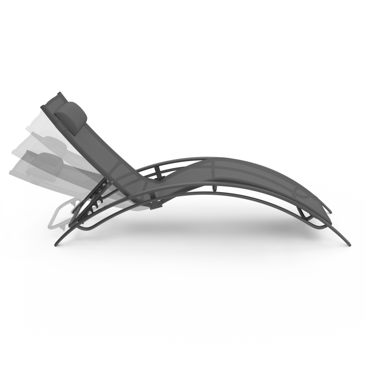 Lot de 2 transats de jardin inclinables en acier HAVANE gris anthracite et toile grise avec coussin