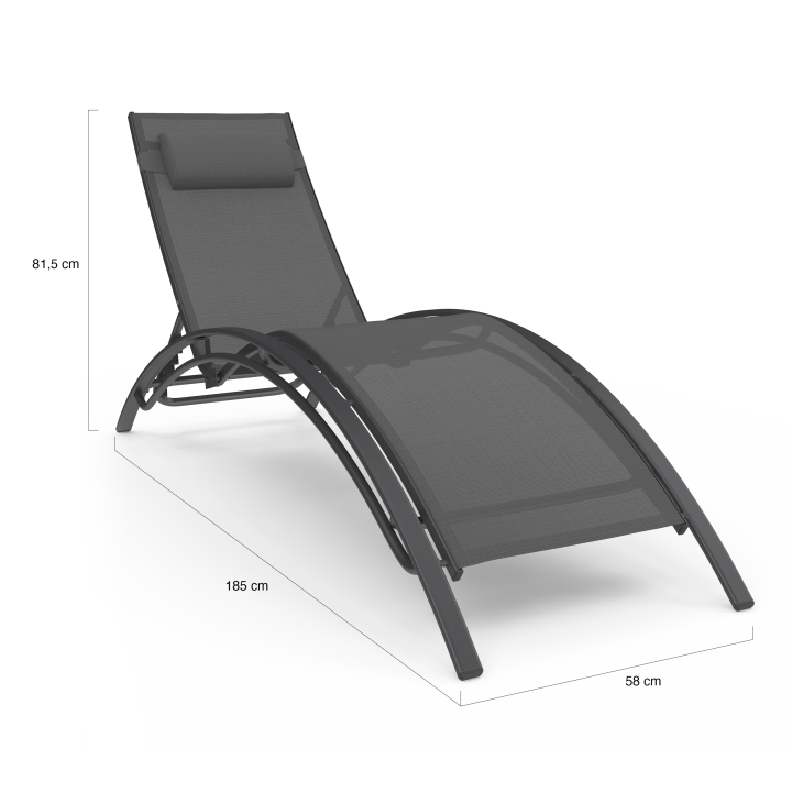 Lot de 2 transats de jardin inclinables en acier HAVANE gris anthracite et toile grise avec coussin