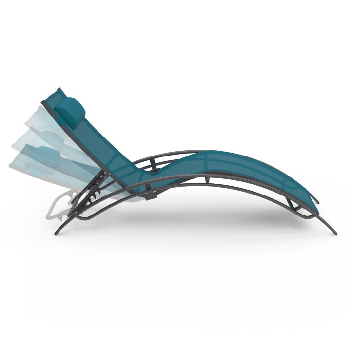 Lot de 2 transats de jardin inclinables en acier HAVANE gris anthracite et toile bleu canard avec coussin