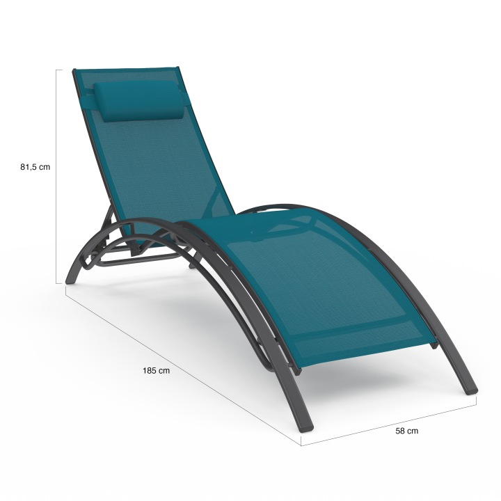 Lot de 2 transats de jardin inclinables en acier HAVANE gris anthracite et toile bleu canard avec coussin