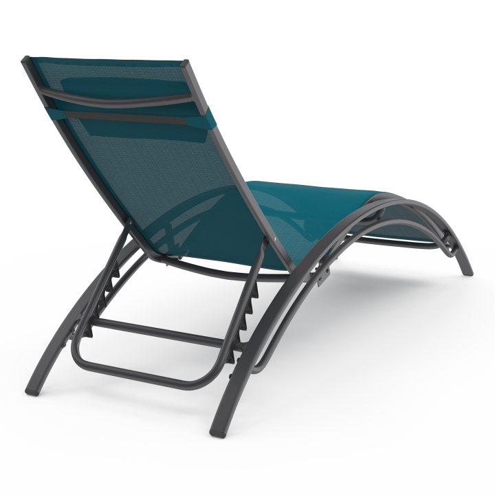 Lot de 2 transats de jardin inclinables en acier HAVANE gris anthracite et toile bleu canard avec coussin