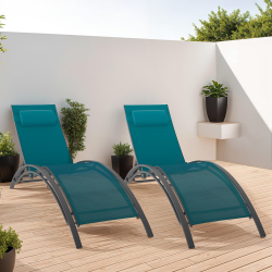 16862 - Set di 2 lettini da giardino reclinabili con cuscini in acciaio grigio e tessuto blu anatra Lot de 2 transats de jardin inclinables en acier HAVANE gris anthracite et toile bleu canard avec coussin