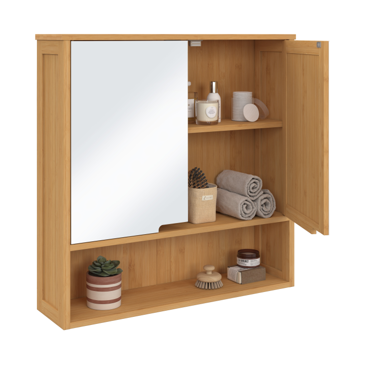 Meuble de rangement suspendu avec miroir pour salle de bain bambou BEA