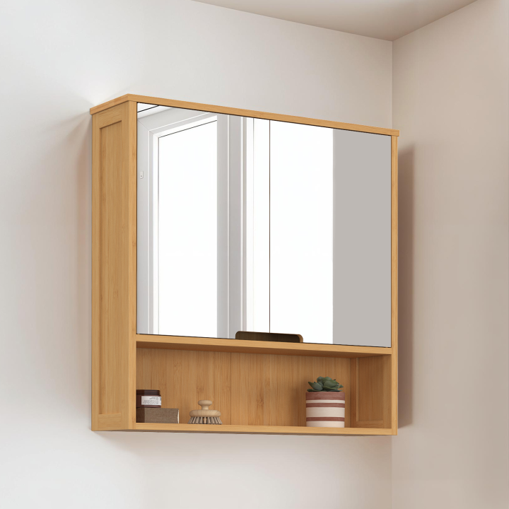 Meuble de rangement suspendu avec miroir pour salle de bain bambou BEA