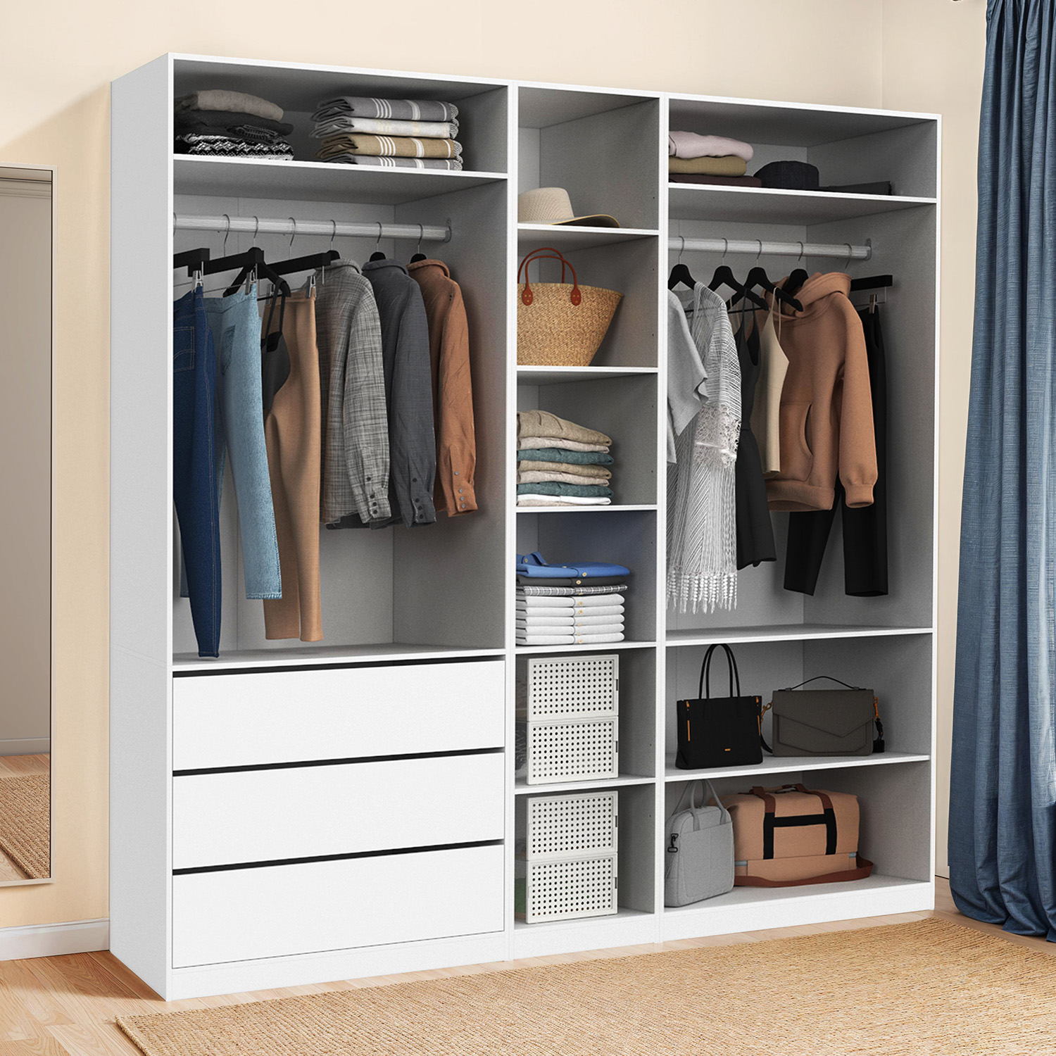 Dressing modulable blanc avec 2 penderies, 10 étagères et 3 tiroirs