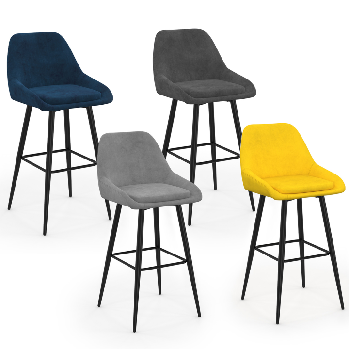 Lot de 4 tabourets de bar THALYA en velours mix color bleu, gris clair, gris foncé, jaune Lot de 4 tabourets de bar THALYA en velours mix color bleu, gris clair, gris foncé, jaune