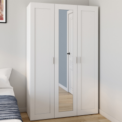 16684 - Armadio bianco a 3 ante con specchio e contenitore 120 cm Armoire 3 portes VITO blanc penderie 120 cm avec miroir et étagères