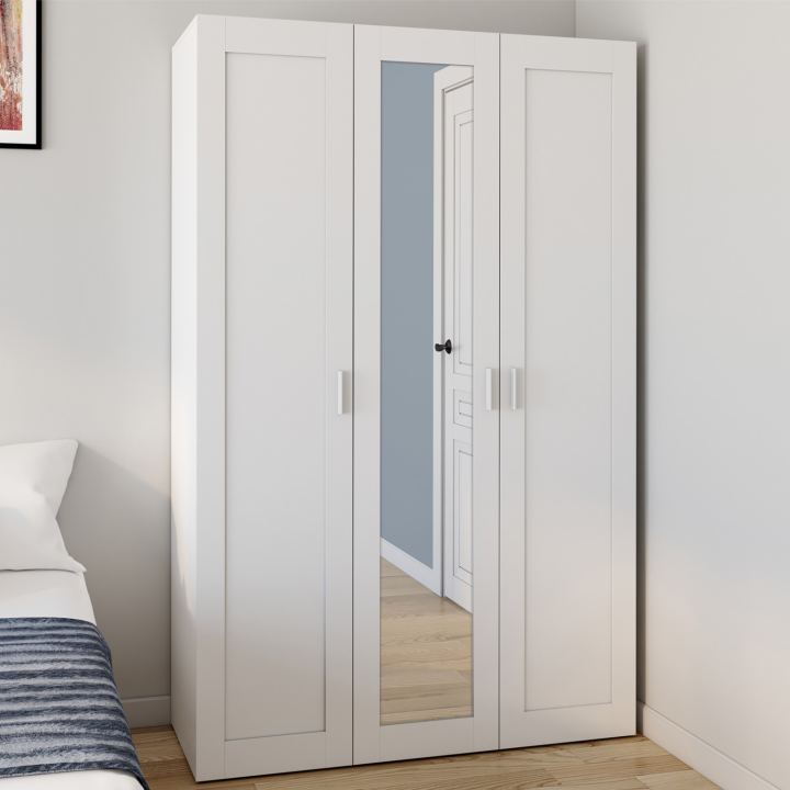 Armoire 3 portes VITO blanc penderie 120 cm avec miroir et étagères Armoire 3 portes VITO blanc penderie 120 cm avec miroir et étagères