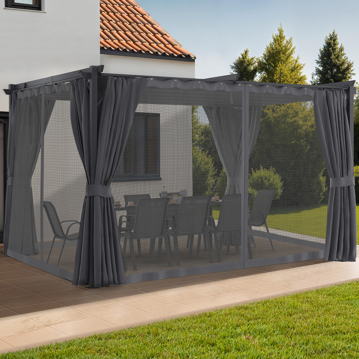Pergola avec moustiquaire intégrée, toit rétractable et 4 rideaux gris 3x4 m